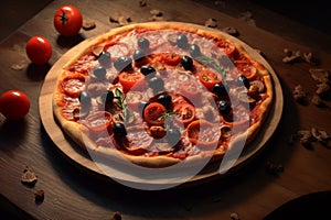 A pizza with a black olive and pepperoni topping