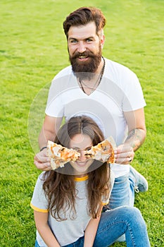 Pizza blinded. hunger. family weekend. couple in love dating. happy couple eating pizza. Healthy food. fast food