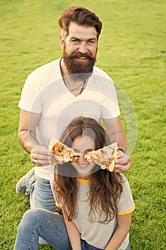 Pizza blinded. hunger. family weekend. couple in love dating. happy couple eating pizza. Healthy food. fast food