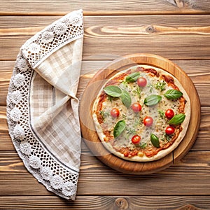 Pizza Board and Canvas Napkin with Lace on Wooden Table, Top View Mock Up photo