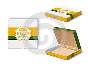 Pizza box design. Realistic fast food mockup, cardboard branded packaging with pizzeria logo, restaurant delivery box