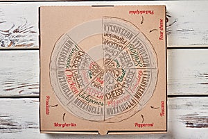 Pizza box on wooden backdrop.