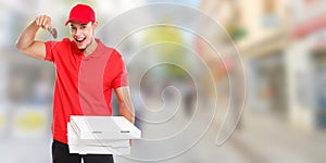 Pizza boy delivery latin man order delivering cutter banner deliver box young town copyspace copy space