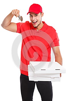 Pizza boy delivery latin man order delivering cutter deliver box young isolated on white