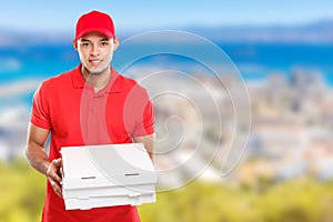Pizza boy delivery service latin man order delivering job deliver box copyspace copy space