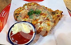 pizza bread serve with sauce good smell and yummy