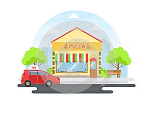 Pizza Cafe or Restaurant Building Facade, View of City Street, Urban Summer Landscape Vector Illustration