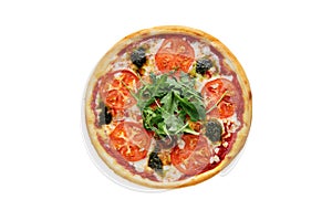 Pizza Caprice on a white background view from the top