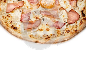Pizza Carbonara Close Up with ham, bacon, mushrooms, egg and cheese isolated on white background. Copyspace. Top view
