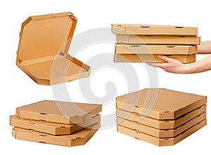 Pizza cardboard boxes collection isolated on white background