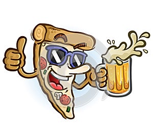 Pizza Cartoon Wearing Sunglasses Holding Beer