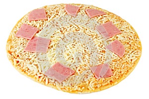 Pizza with cheese and pink ham isolated