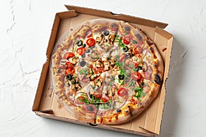 Pizza with cheese, sausages, olives and tomatoes in open cardboard box on white table. Top view. AI Generated