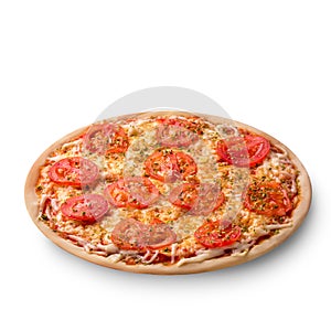 Pizza with cheese and tomato isolated on white background. Pizza margarita top view.