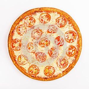 Pizza with cheese and tomato slices on a white background. Top v