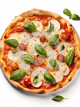 Pizza with cheese, tomatoes and basil on a white background