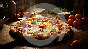 Pizza with cheese, tomatoes and other ingredients on the kitchen table.