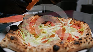 Pizza Chef Adding Salmon Fish And Salad