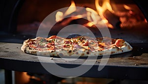 Pizza close-up, blurred background with flames from the wood-fired oven, dreamy atmosphere