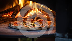 Pizza close-up, blurred background with flames from the wood-fired oven, dreamy atmosphere