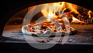 Pizza close-up, blurred background with flames from the wood-fired oven, dreamy atmosphere