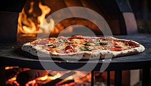 Pizza close-up, blurred background with flames from the wood-fired oven, dreamy atmosphere