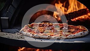 Pizza close-up, blurred background with flames from the wood-fired oven, dreamy atmosphere