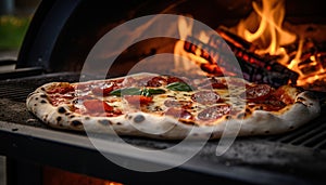 Pizza close-up, blurred background with flames from the wood-fired oven, dreamy atmosphere