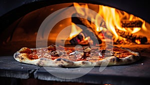 Pizza close-up, blurred background with flames from the wood-fired oven, dreamy atmosphere