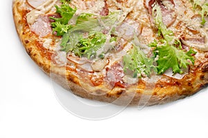 Pizza Close Up with ham, bacon, green salad and cheese isolated on white background. Copyspace. Top view