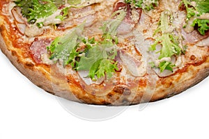 Pizza Close Up with ham, bacon, green salad and cheese isolated on white background. Copyspace. Top view