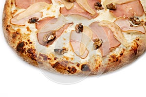 Pizza Close Up with ham, pears, Walnut and cheese isolated on white background. Copyspace. Top view