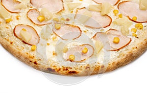Pizza Close Up with ham, pineapple, corn, sause, and cheese isolated on white background. Copyspace. Top view