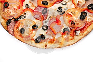 Pizza Close Up with ham, salami, sweet red pepper, olives, and cheese isolated on white background. Copyspace. Top view