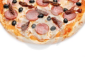 Pizza Close Up with salami, olives, Sun dried tomatoes and cheese isolated on white background. Copyspace. Top view