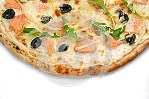 Pizza Close Up with Salmon, olives, gravy and cheese isolated on white background. Copyspace right. Top view