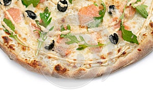 Pizza Close Up with Salmon, olives, gravy and cheese isolated on white background. Copyspace right. Top view