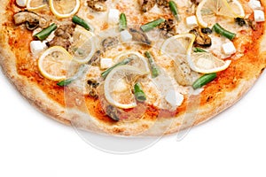 Pizza Close Up with seafood mussels, green beans, lemon, cut feta cheese isolated on white background. Copyspace. Top