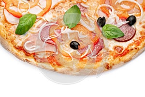 Pizza Close Up with sweet red pepper, ham, salami, olives and cheese isolated on white background. Copyspace. Top view