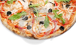 Pizza Close Up with sweet red pepper, olives, mushrooms and cheese isolated on white background. Copyspace. Top view