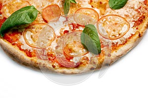 Pizza Close Up with tomatoes, cheese and basil isolated on white background. Copyspace. Top view