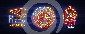 Pizza collection of neon signs vector. Set neon logos