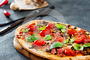 pizza cooked with standard cooked ham and mushrooms photo