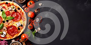 Pizza and cooking food ingredients spices on black background, mushrooms, tomatoes, basil, olive, copy space, top view