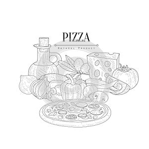 Pizza Cooking Ingredients Still Life Hand Drawn Realistic Sketch