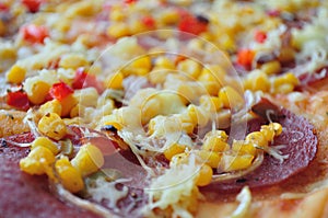 Delicious Pizza with corn and salami