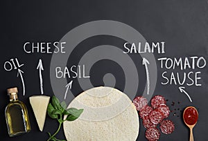 Pizza crust, ingredients and chalk written product`s names on black background