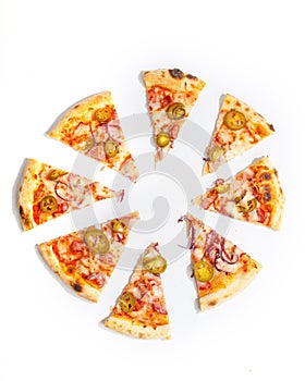 Pizza cut into pieces white background
