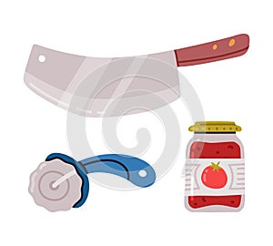 Pizza Cutter or Roller Blade, Knife and Tomato Sauce or Ketchup with Label in Glass Jar Vector Set