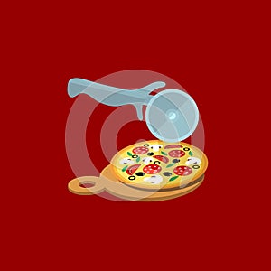 Pizza on cutting board icon in cartoon style isolated on white background. Pizza and pizzeria symbol stock vector